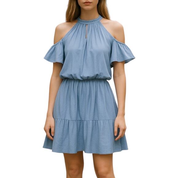 Ramy Brook Eileen Cold Shoulder Satin Mini Dress Light Blue Size S - Picture 2 of 12